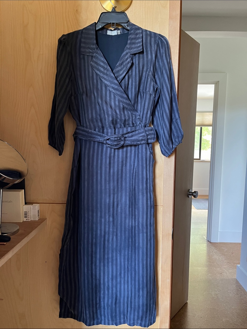 Navy Striped Wrap Maxi Dress with Self Belt